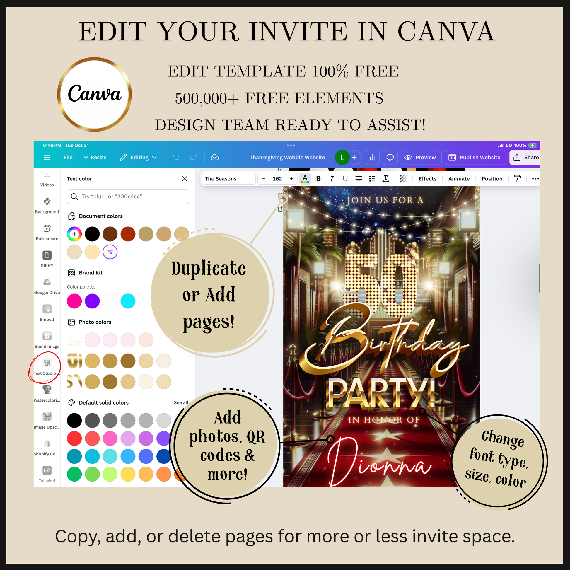 Editable hollywood red carpet 50th birthday video invitation displayed on a mobile phone, featuring an animated vertical digital invite with music, created in Canva. This premium video invitation template is designed for sharing by text, email, and social media and works with an interactive RSVP website for easy guest response tracking.