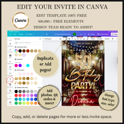 Editable hollywood red carpet 50th birthday video invitation displayed on a mobile phone, featuring an animated vertical digital invite with music, created in Canva. This premium video invitation template is designed for sharing by text, email, and social media and works with an interactive RSVP website for easy guest response tracking.
