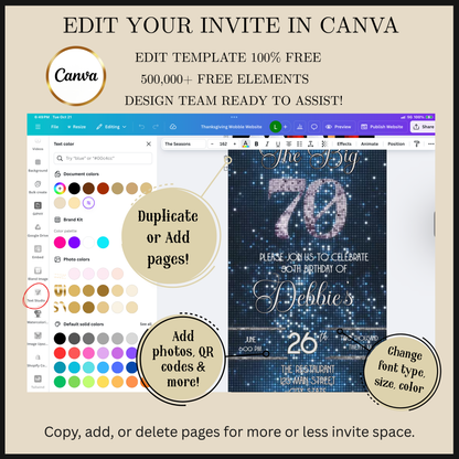 Editable blue sequin 70th birthday video invitation displayed on a mobile phone, featuring an animated vertical digital invite with music, created in Canva. This premium video invitation template is designed for sharing by text, email, and social media and works with an interactive RSVP website for easy guest response tracking.