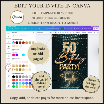 Editable teal gold sequin 50th birthday video invitation displayed on a mobile phone, featuring an animated vertical digital invite with music, created in Canva. This premium video invitation template is designed for sharing by text, email, and social media and works with an interactive RSVP website for easy guest response tracking.