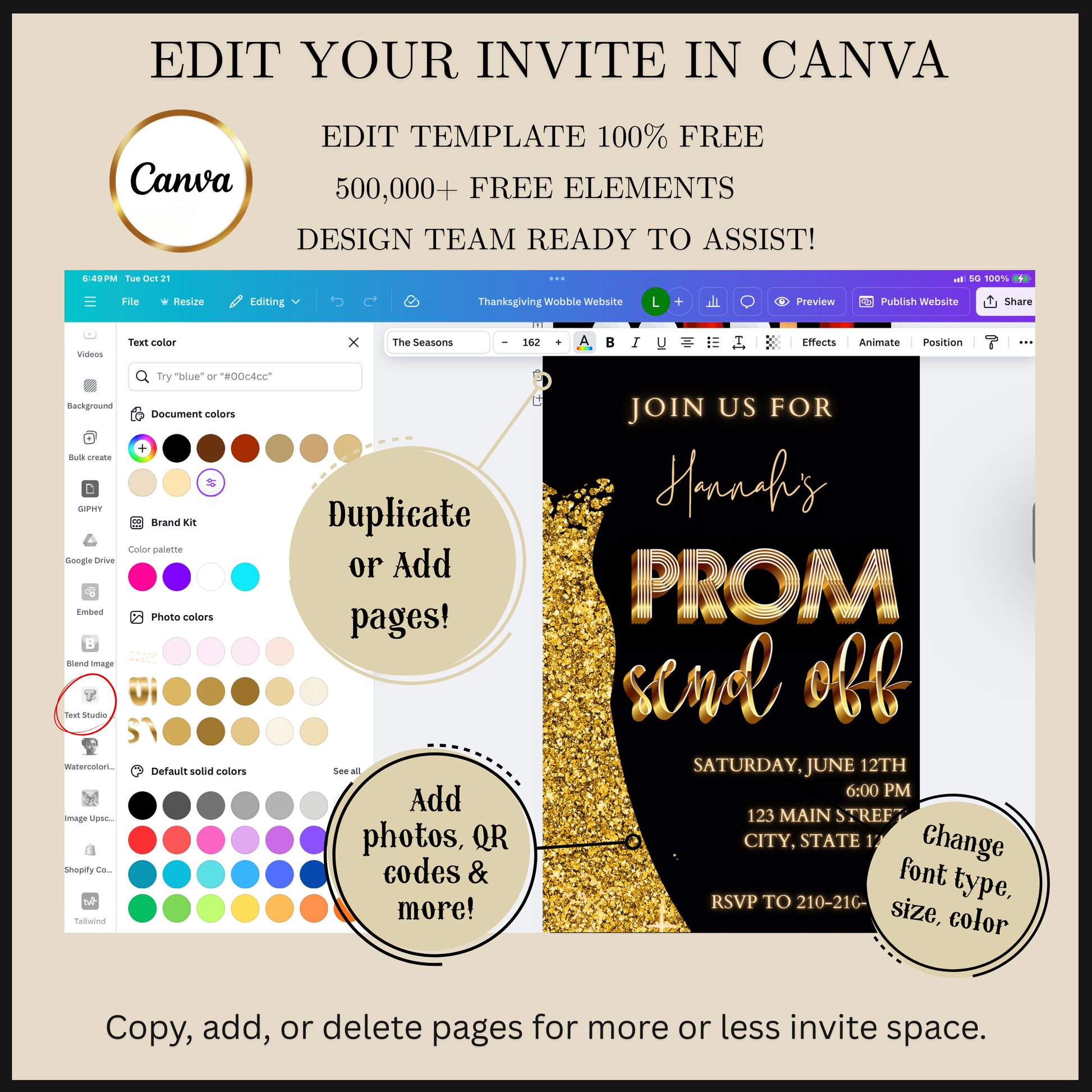 Editable black gold luxury prom send off video invitation displayed on a mobile phone, featuring an animated vertical digital invite with music, created in Canva. This premium video invitation template is designed for sharing by text, email, and social media and works with an interactive RSVP website for easy guest response tracking.