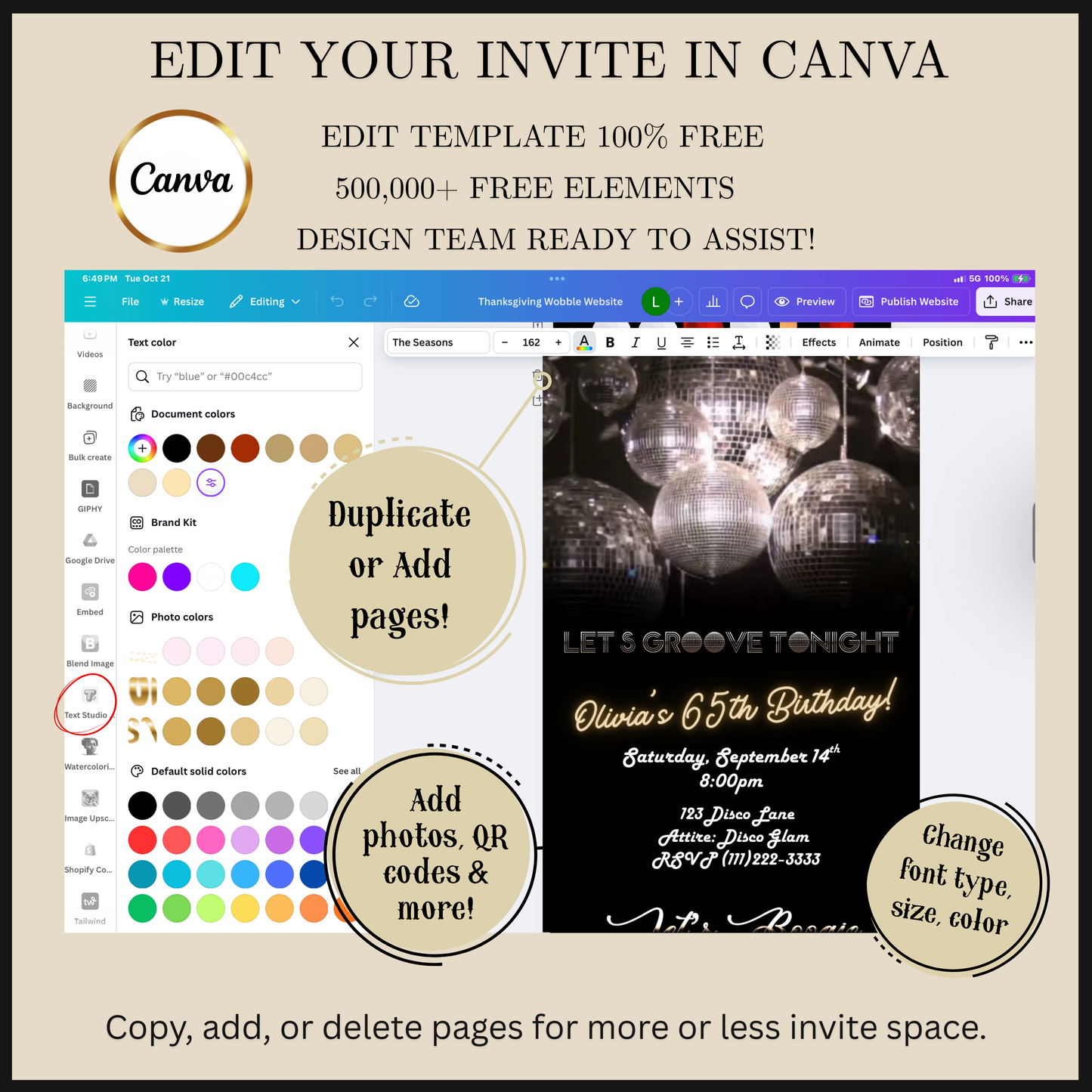 Editable silver disco 65th birthday video invitation displayed on a mobile phone, featuring an animated vertical digital invite with music, created in Canva. This premium video invitation template is designed for sharing by text, email, and social media and works with an interactive RSVP website for easy guest response tracking.