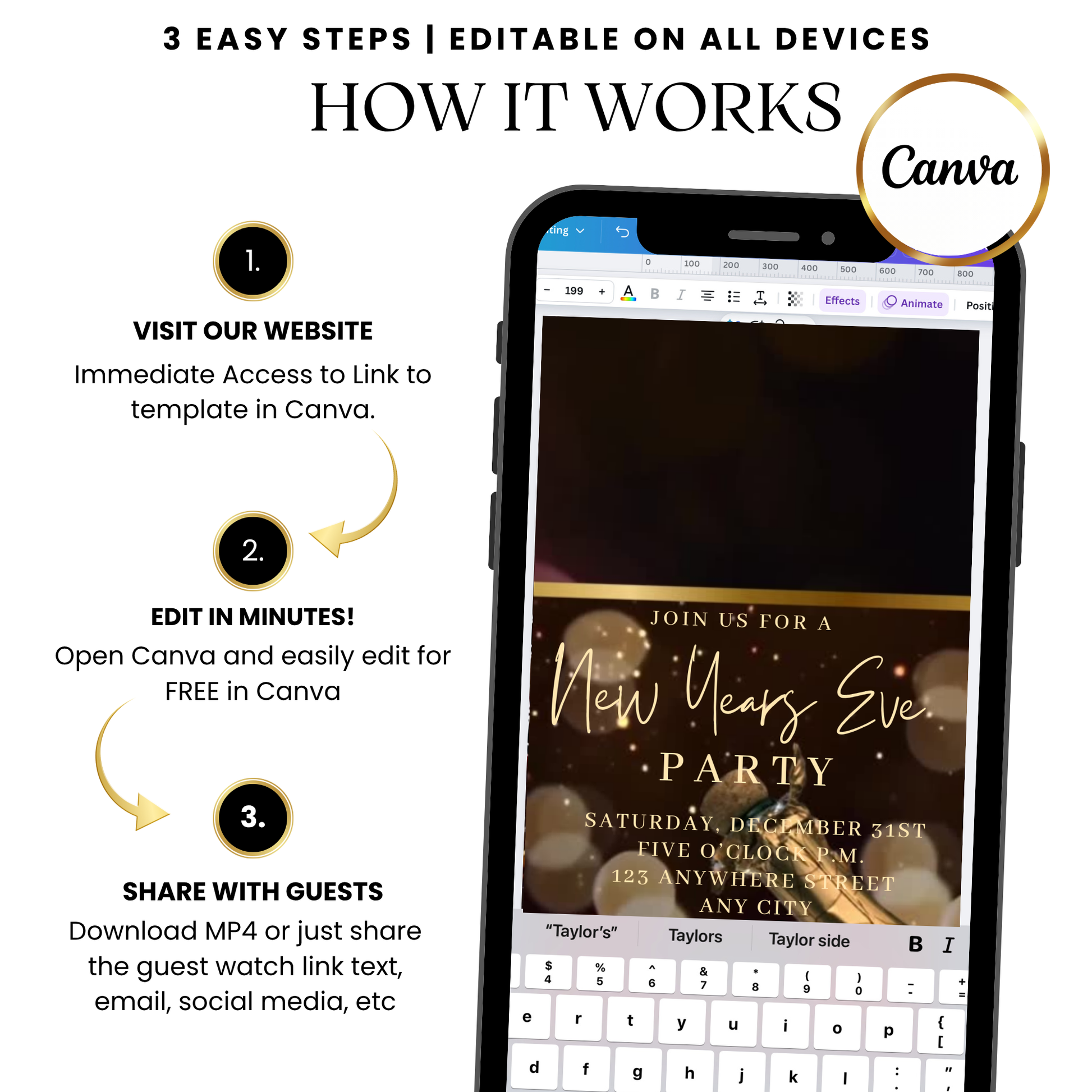 Gold ribbon NYE champagne video invitation