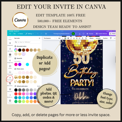 Editable gold bokeh luxury 50th birthday video invitation displayed on a mobile phone, featuring an animated vertical digital invite with music, created in Canva. This premium video invitation template is designed for sharing by text, email, and social media and works with an interactive RSVP website for easy guest response tracking.