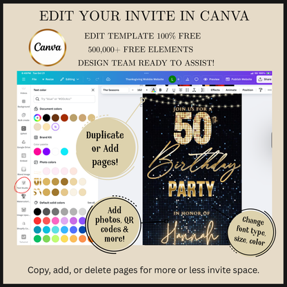 Editable blue sequin 50th birthday video invitation displayed on a mobile phone, featuring an animated vertical digital invite with music, created in Canva. This premium video invitation template is designed for sharing by text, email, and social media and works with an interactive RSVP website for easy guest response tracking.