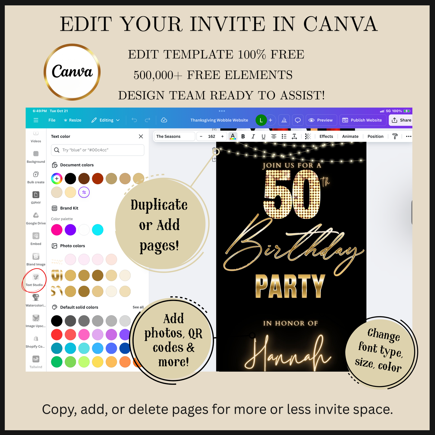 Editable gold stars 50th birthday party video invitation displayed on a mobile phone, featuring an animated vertical digital invite with music, created in Canva. This premium video invitation template is designed for sharing by text, email, and social media and works with an interactive RSVP website for easy guest response tracking.