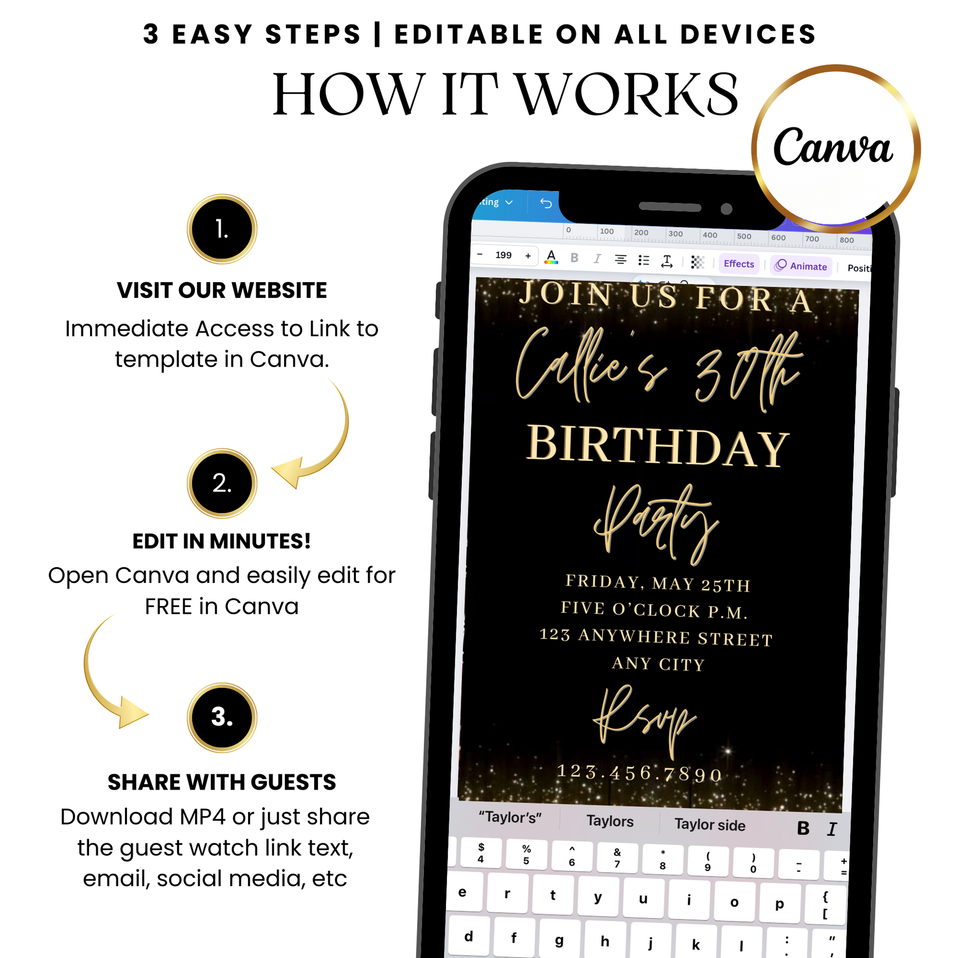 Golden Sparkle MP4 video invitation with shimmering accents