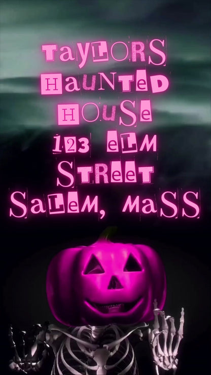 Editable halloween era party party video invitation displayed on a mobile phone, featuring an animated vertical digital invite with music, created in Canva. This premium video invitation template is designed for sharing by text, email, and social media and works with an interactive RSVP website for easy guest response tracking.