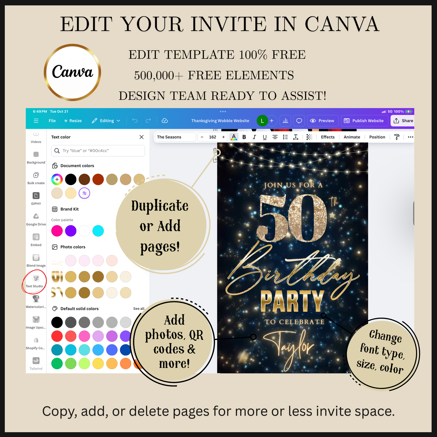 Editable starry gold 50th birthday video invitation displayed on a mobile phone, featuring an animated vertical digital invite with music, created in Canva. This premium video invitation template is designed for sharing by text, email, and social media and works with an interactive RSVP website for easy guest response tracking.