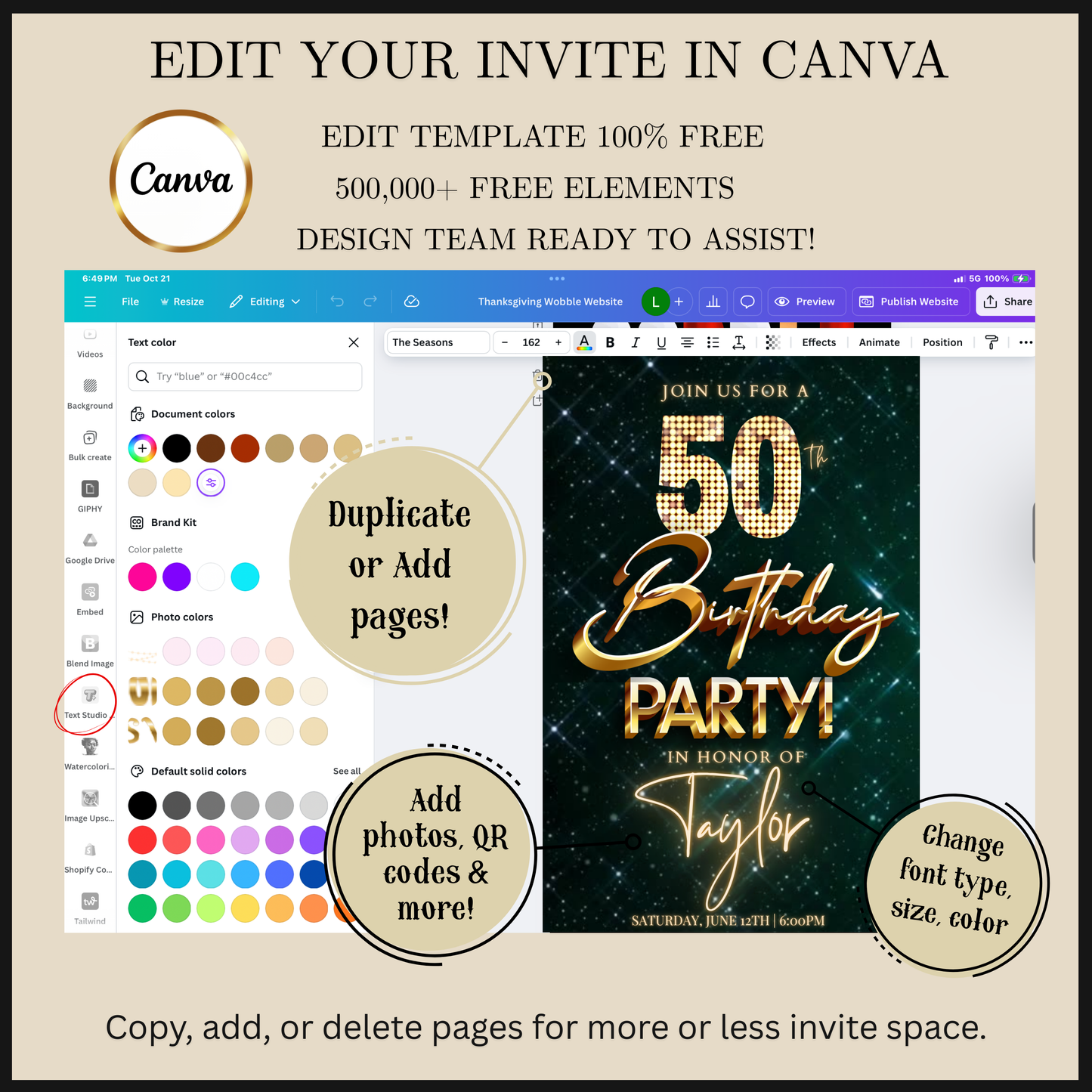 Editable emerald green gold glam 50th birthday video invitation displayed on a mobile phone, featuring an animated vertical digital invite with music, created in Canva. This premium video invitation template is designed for sharing by text, email, and social media and works with an interactive RSVP website for easy guest response tracking.