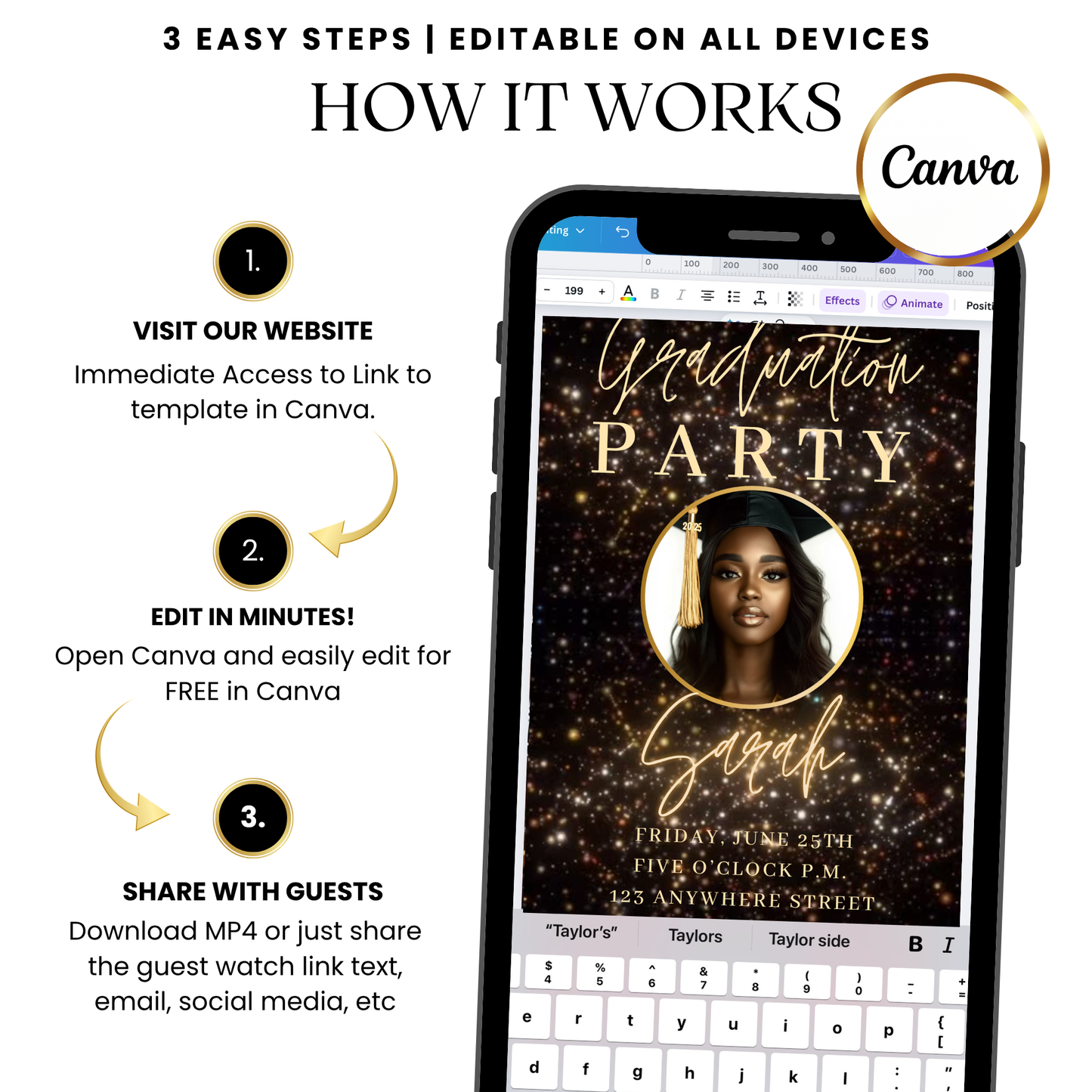 Gold Sparkle Frame Digital Video Invitation with Music