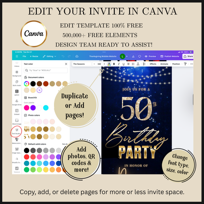 Editable navy blue glitter 50th birthday video invitation displayed on a mobile phone, featuring an animated vertical digital invite with music, created in Canva. This premium video invitation template is designed for sharing by text, email, and social media and works with an interactive RSVP website for easy guest response tracking.
