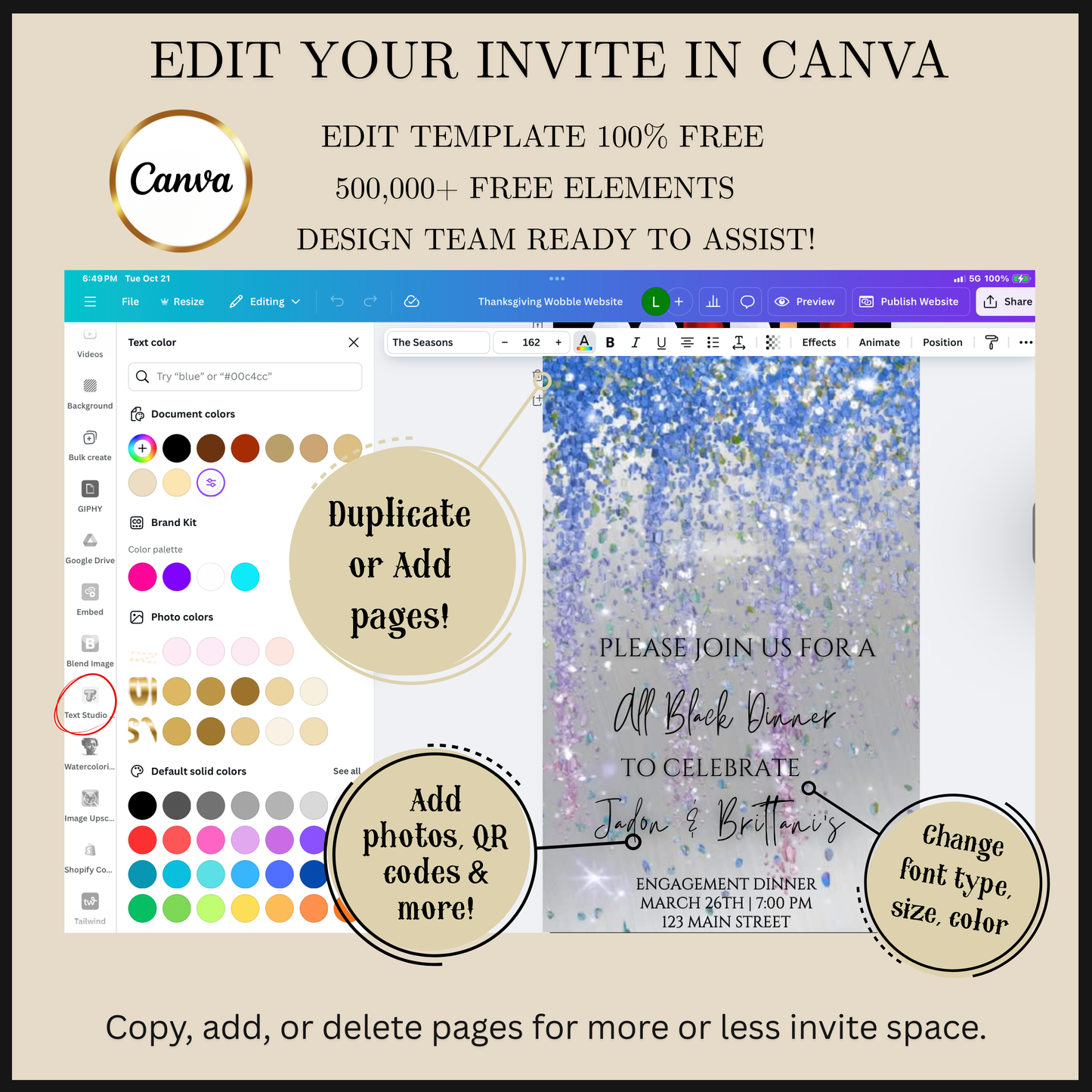 Editable blue and gray watercolor glitter engagement dinner video invitation displayed on a mobile phone, featuring an animated vertical digital invite with music, created in Canva. This premium video invitation template is designed for sharing by text, email, and social media and works with an interactive RSVP website for easy guest response tracking.