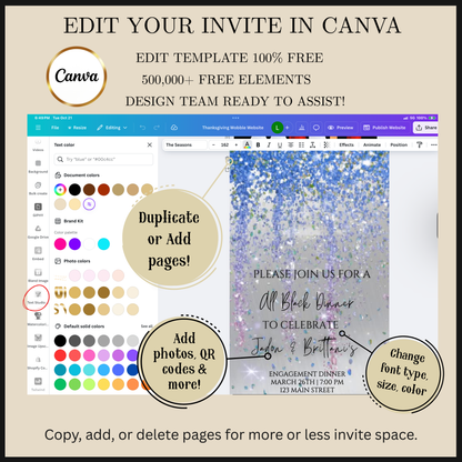 Editable blue and gray watercolor glitter engagement dinner video invitation displayed on a mobile phone, featuring an animated vertical digital invite with music, created in Canva. This premium video invitation template is designed for sharing by text, email, and social media and works with an interactive RSVP website for easy guest response tracking.