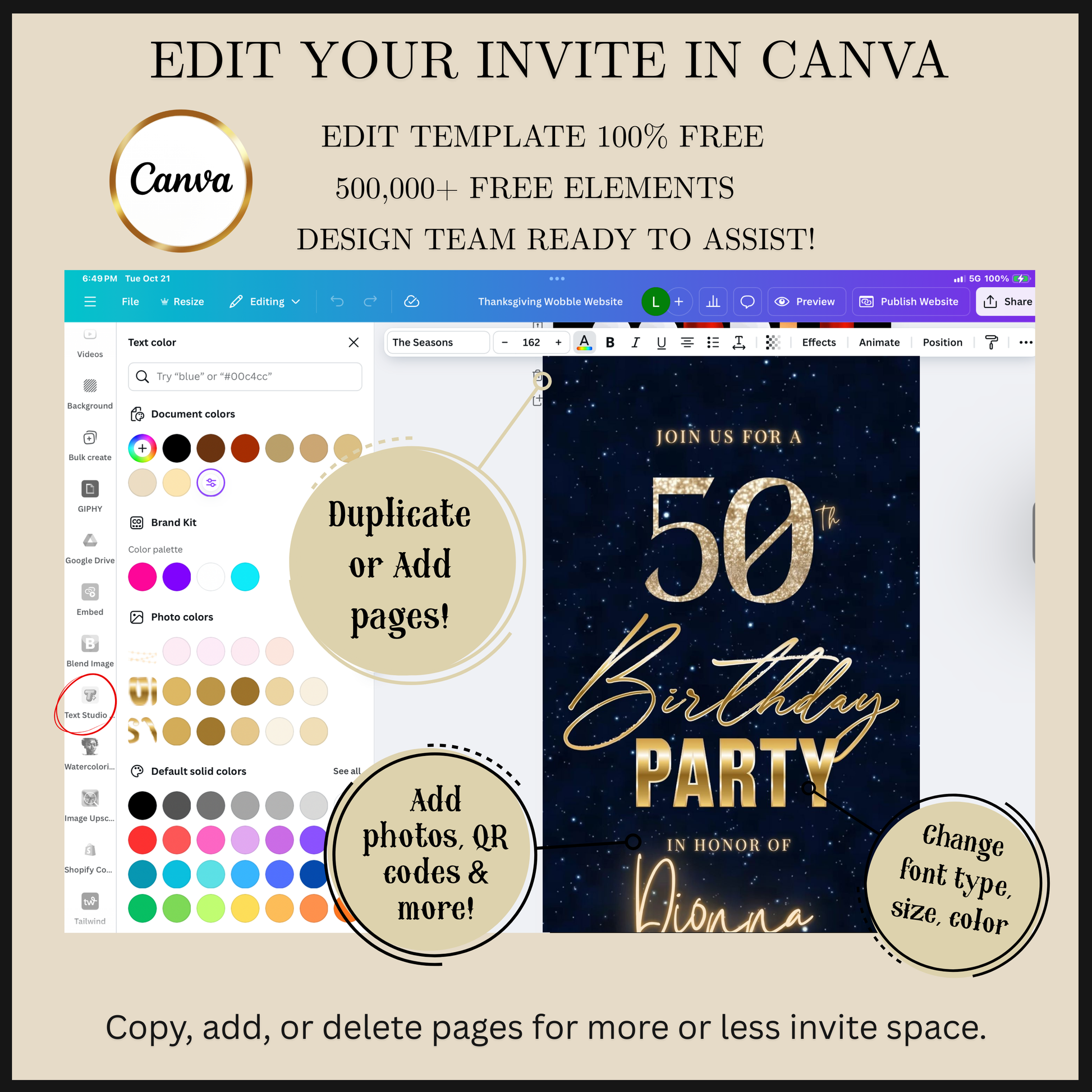 Editable blue shimmer 50th birthday video invitation displayed on a mobile phone, featuring an animated vertical digital invite with music, created in Canva. This premium video invitation template is designed for sharing by text, email, and social media and works with an interactive RSVP website for easy guest response tracking.
