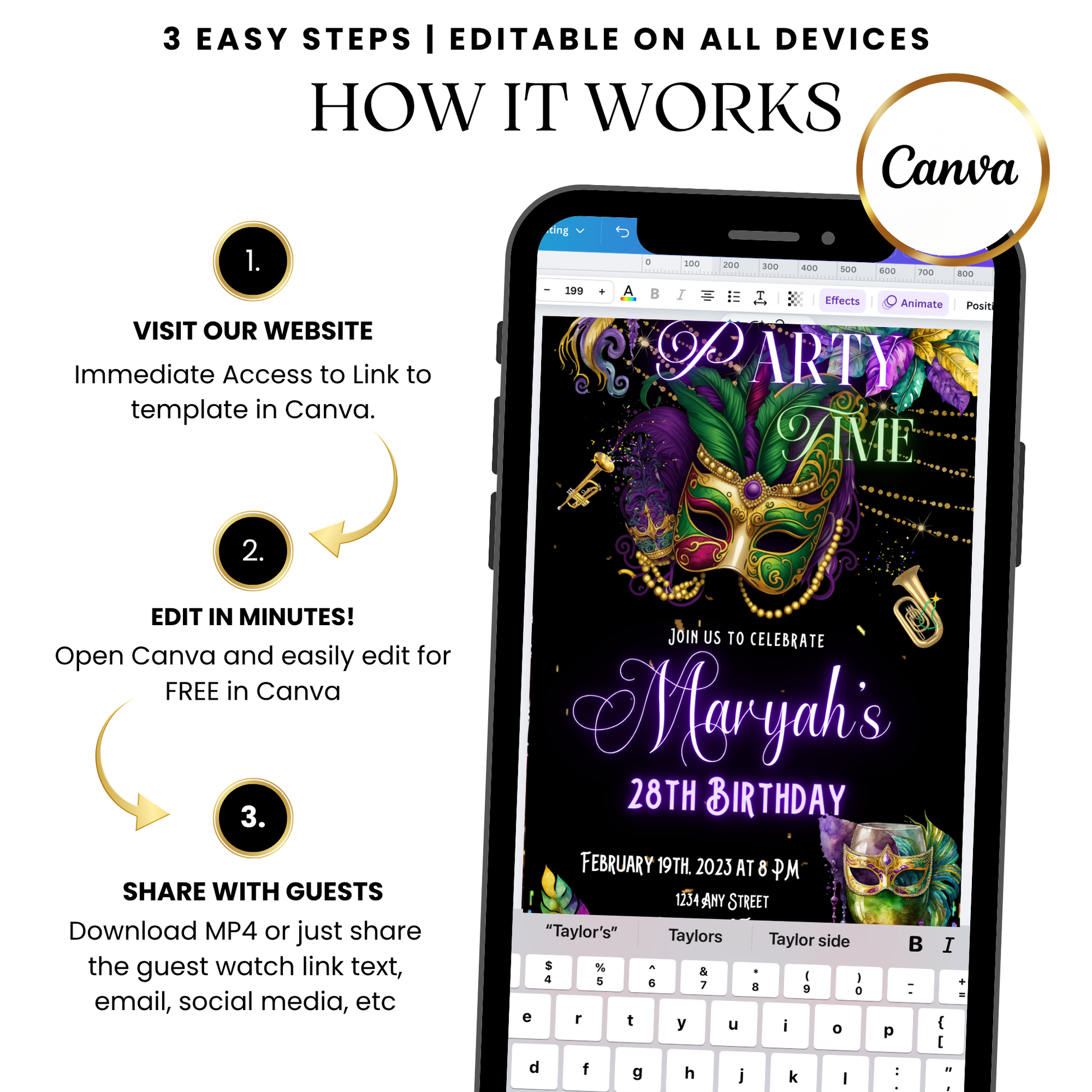 Mardi Gras Mask Video Invitation with Music