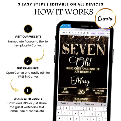 Gold Curtain The Big Seven-Oh 70th Birthday Video Invitation — Elegant Theme with Music