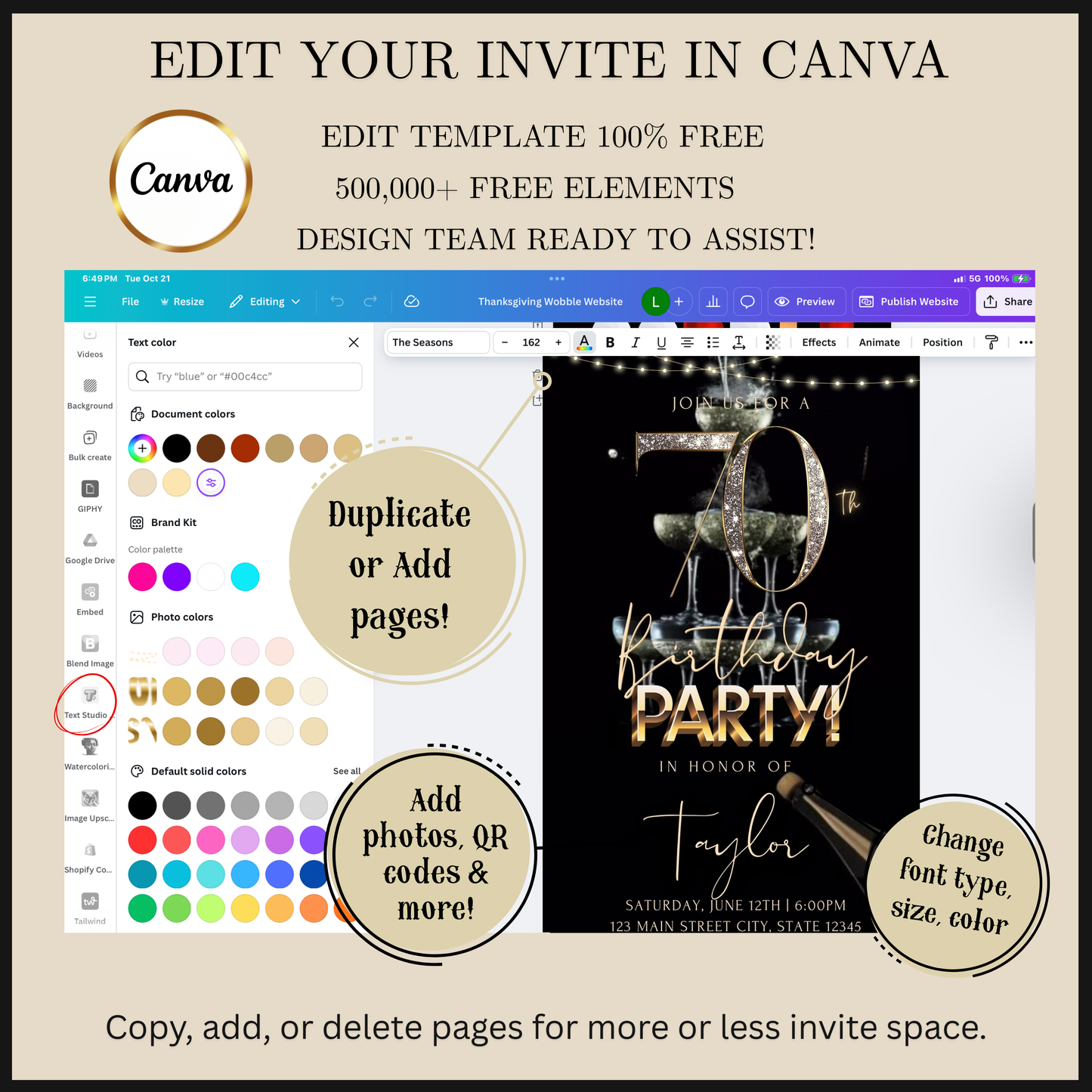 Editable champagne gold 70th birthday video invitation displayed on a mobile phone, featuring an animated vertical digital invite with music, created in Canva. This premium video invitation template is designed for sharing by text, email, and social media and works with an interactive RSVP website for easy guest response tracking.