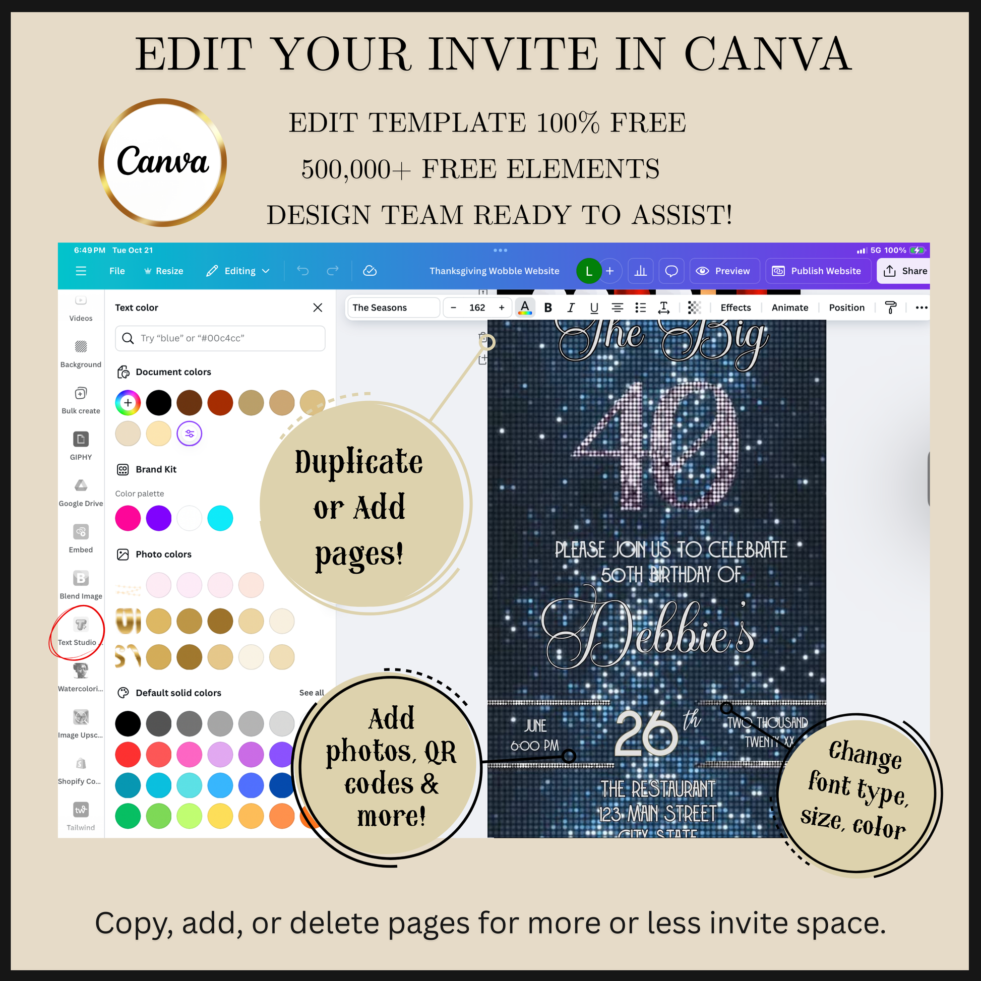 Editable blue sequin 40th birthday video invitation displayed on a mobile phone, featuring an animated vertical digital invite with music, created in Canva. This premium video invitation template is designed for sharing by text, email, and social media and works with an interactive RSVP website for easy guest response tracking.