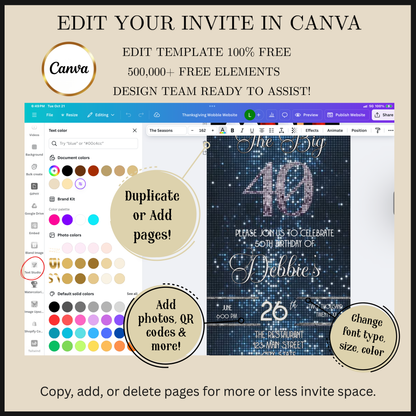 Editable blue sequin 40th birthday video invitation displayed on a mobile phone, featuring an animated vertical digital invite with music, created in Canva. This premium video invitation template is designed for sharing by text, email, and social media and works with an interactive RSVP website for easy guest response tracking.