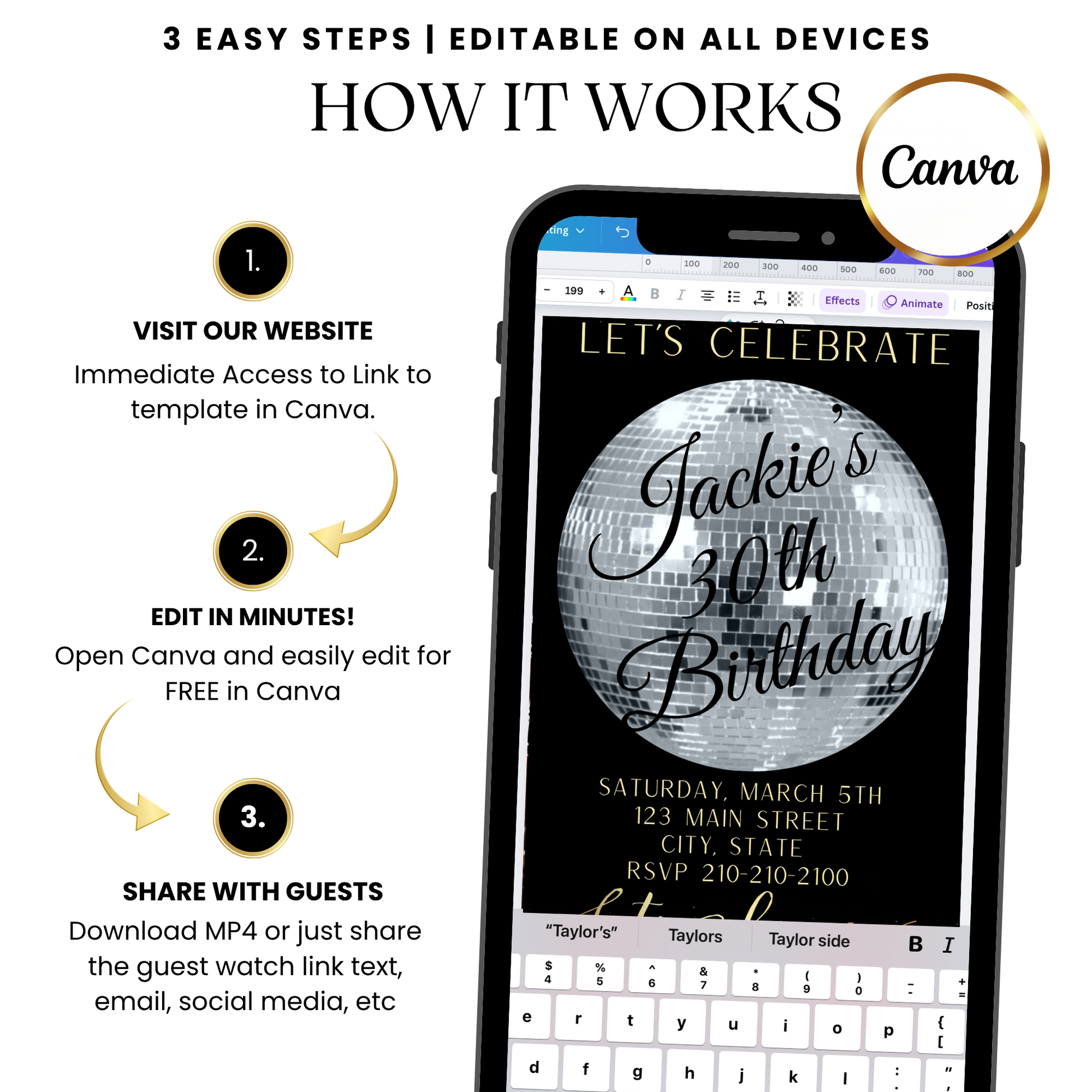 Silver disco ball 30th video invitation template