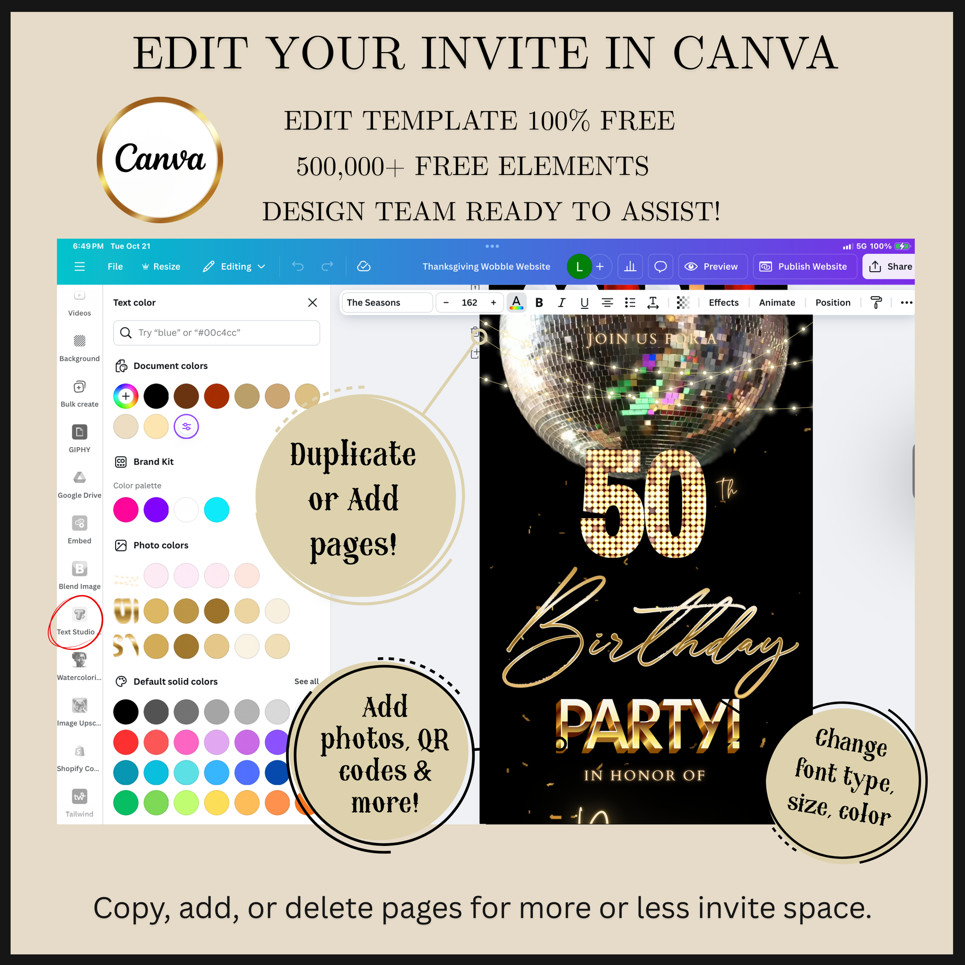 Editable silver disco ball 50th birthday video invitation displayed on a mobile phone, featuring an animated vertical digital invite with music, created in Canva. This premium video invitation template is designed for sharing by text, email, and social media and works with an interactive RSVP website for easy guest response tracking.