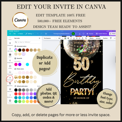 Editable silver disco ball 50th birthday video invitation displayed on a mobile phone, featuring an animated vertical digital invite with music, created in Canva. This premium video invitation template is designed for sharing by text, email, and social media and works with an interactive RSVP website for easy guest response tracking.