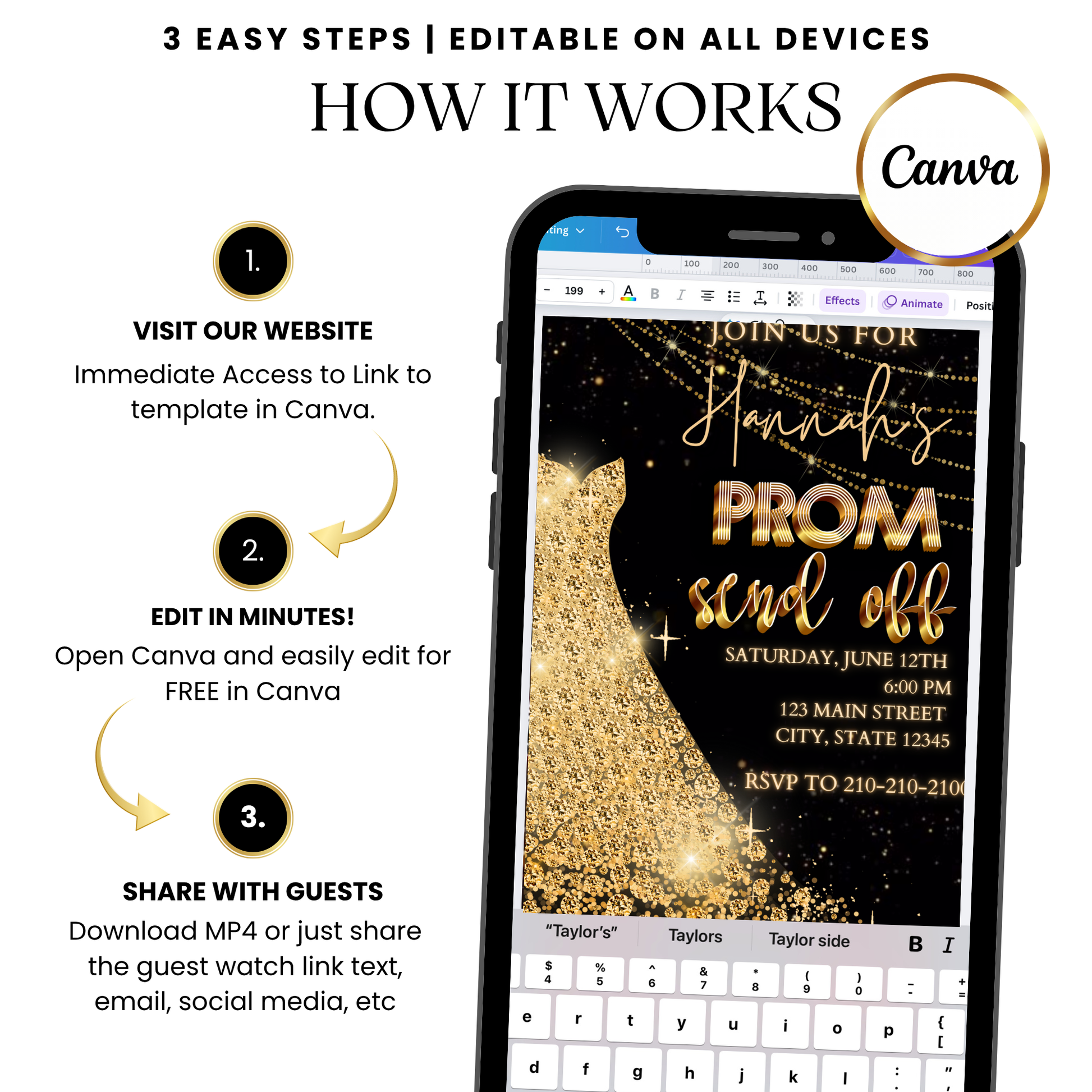 Gold glitter prom night video invitation online
