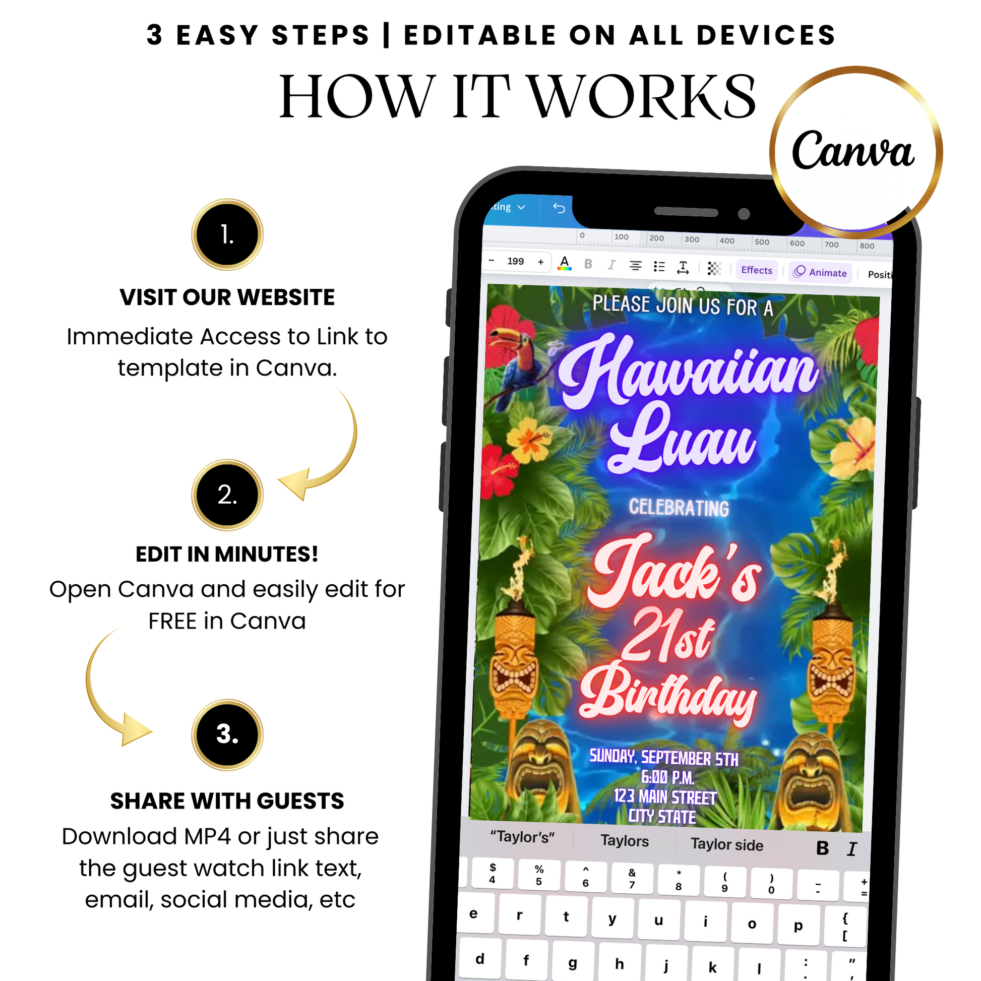 Editable Hawaiian Luau MP4 video template with palm tree graphics