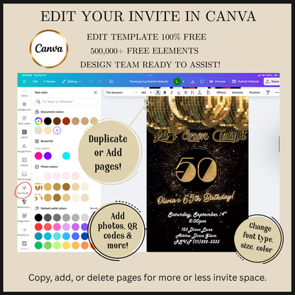 Editable gold studio 54 disco 50th birthday video invitation displayed on a mobile phone, featuring an animated vertical digital invite with music, created in Canva. This premium video invitation template is designed for sharing by text, email, and social media and works with an interactive RSVP website for easy guest response tracking.