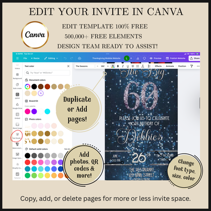 Editable blue sequin 60th birthday video invitation displayed on a mobile phone, featuring an animated vertical digital invite with music, created in Canva. This premium video invitation template is designed for sharing by text, email, and social media and works with an interactive RSVP website for easy guest response tracking.