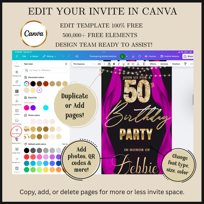 Editable pink curtain 50th birthday video invitation displayed on a mobile phone, featuring an animated vertical digital invite with music, created in Canva. This premium video invitation template is designed for sharing by text, email, and social media and works with an interactive RSVP website for easy guest response tracking.