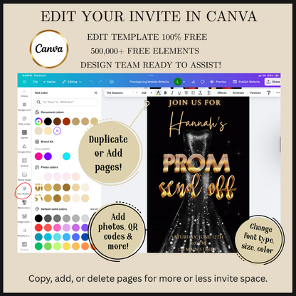 Editable black gold luxury prom send off video invitation displayed on a mobile phone, featuring an animated vertical digital invite with music, created in Canva. This premium video invitation template is designed for sharing by text, email, and social media and works with an interactive RSVP website for easy guest response tracking.