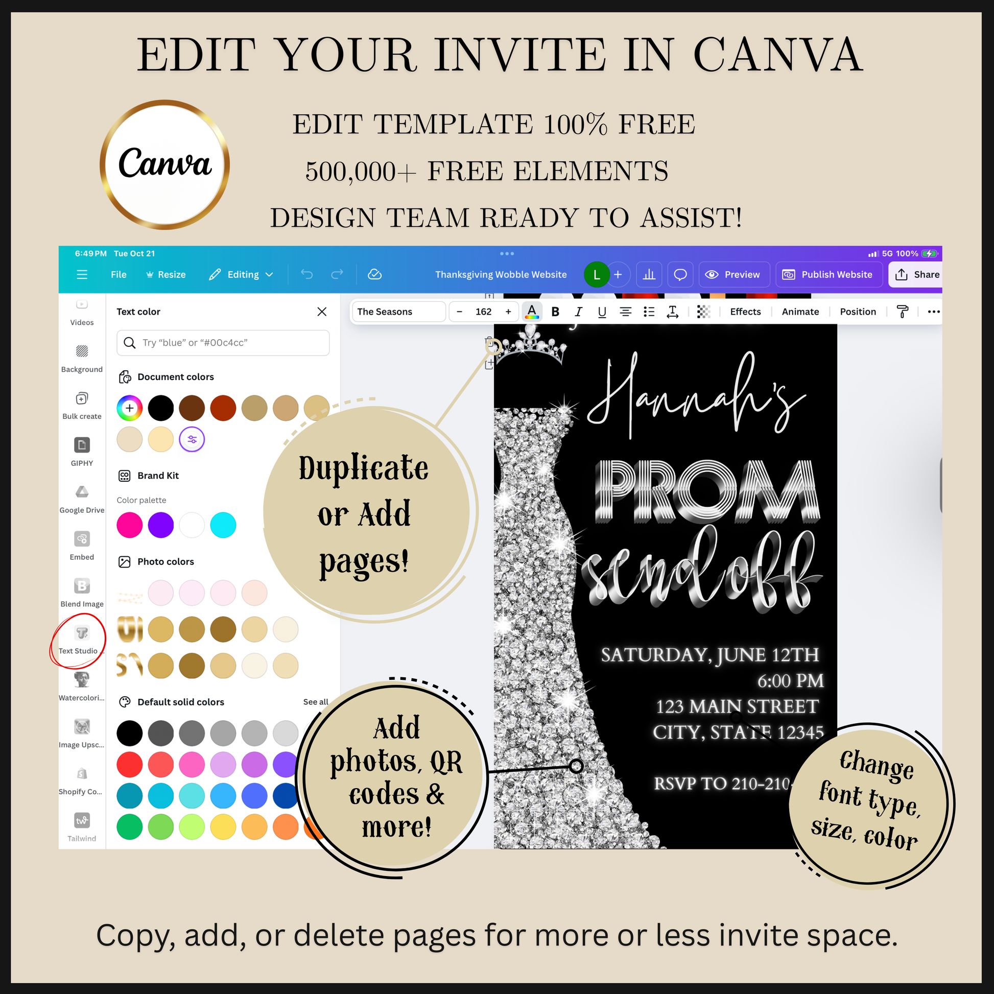 Editable black silver glam prom send off video invitation displayed on a mobile phone, featuring an animated vertical digital invite with music, created in Canva. This premium video invitation template is designed for sharing by text, email, and social media and works with an interactive RSVP website for easy guest response tracking.