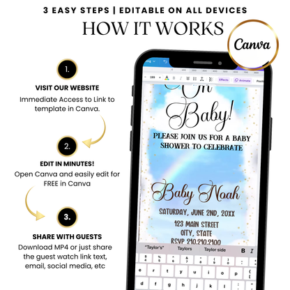 Blue watercolor themed baby shower video invitation