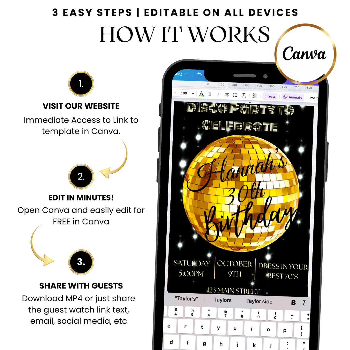 Gold disco ball 30th celebration animated invitation