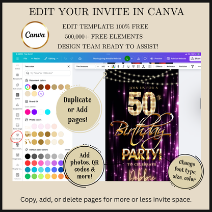 Editable purple gold glam 50th birthday party video invitation displayed on a mobile phone, featuring an animated vertical digital invite with music, created in Canva. This premium video invitation template is designed for sharing by text, email, and social media and works with an interactive RSVP website for easy guest response tracking.