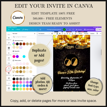 Editable gold disco 60th birthday video invitation displayed on a mobile phone, featuring an animated vertical digital invite with music, created in Canva. This premium video invitation template is designed for sharing by text, email, and social media and works with an interactive RSVP website for easy guest response tracking.