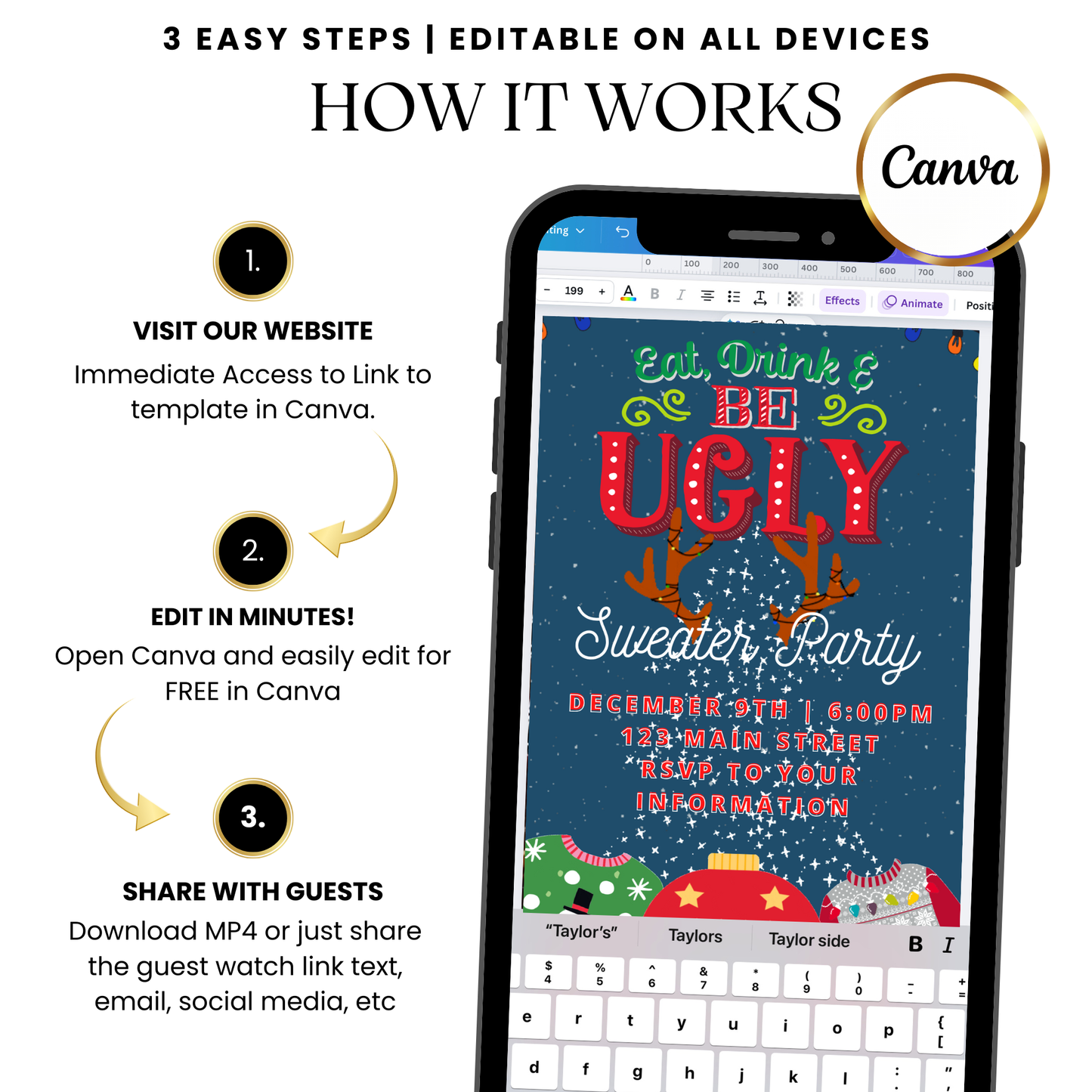 Editable Ugly Sweater MP4 template with festive fonts and accents