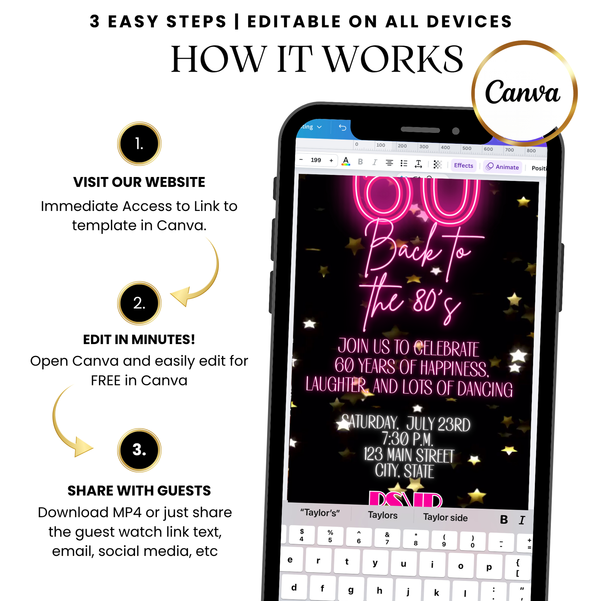 Flashback 80s Neon Birthday Video Invite – 60 Years of Fun Celebration with Music