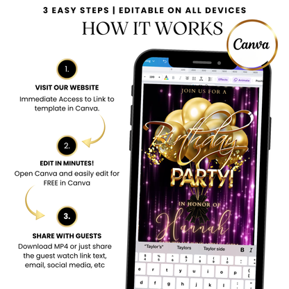 Glam Purple and Gold Video Invitation with Music