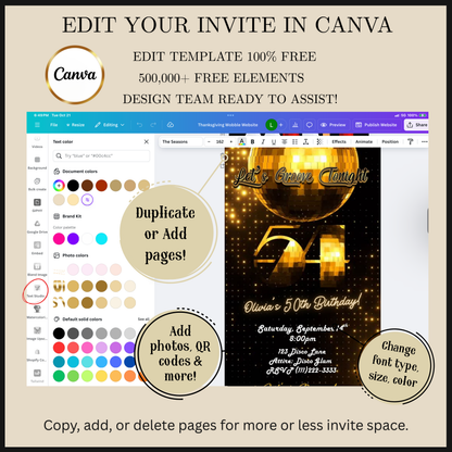 Editable gold disco 54th birthday video invitation displayed on a mobile phone, featuring an animated vertical digital invite with music, created in Canva. This premium video invitation template is designed for sharing by text, email, and social media and works with an interactive RSVP website for easy guest response tracking.