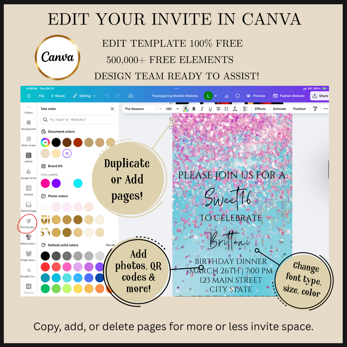 Editable pink and blue watercolor glitter sweet 16 birthday dinner video invitation displayed on a mobile phone, featuring an animated vertical digital invite with music, created in Canva. This premium video invitation template is designed for sharing by text, email, and social media and works with an interactive RSVP website for easy guest response tracking.