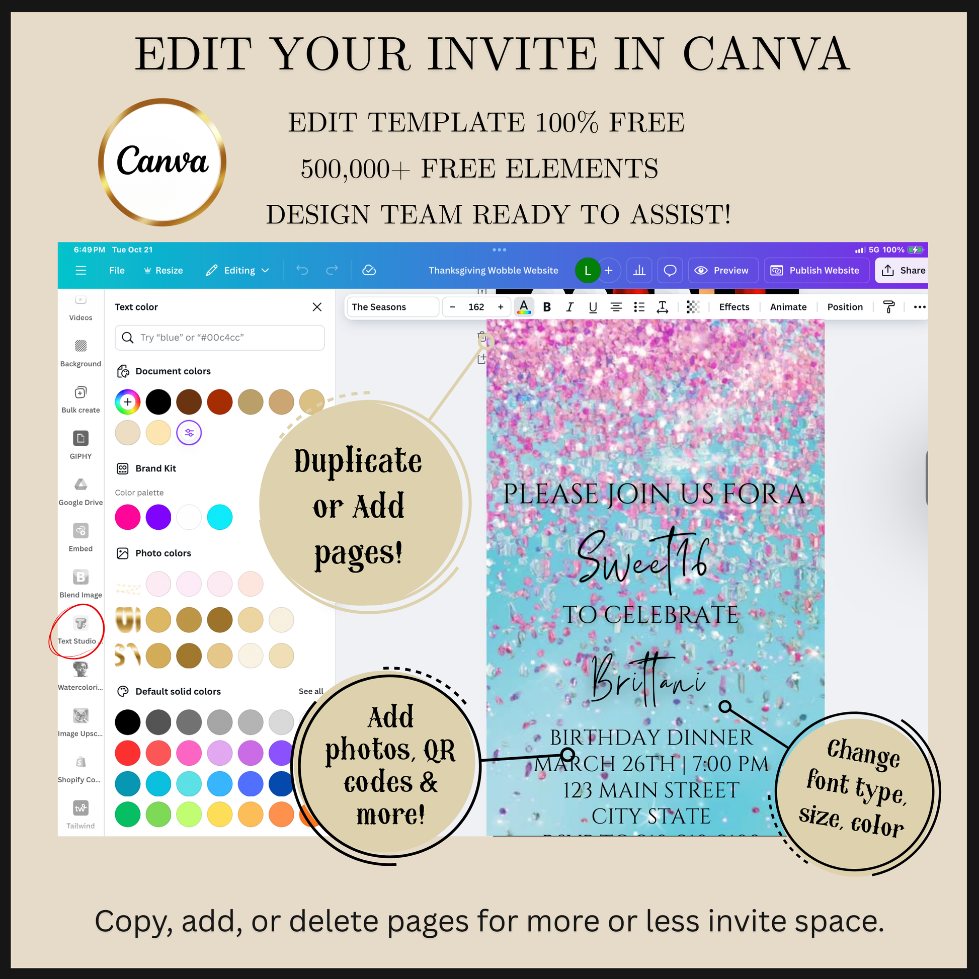 Editable pink and blue watercolor glitter sweet 16 birthday dinner video invitation displayed on a mobile phone, featuring an animated vertical digital invite with music, created in Canva. This premium video invitation template is designed for sharing by text, email, and social media and works with an interactive RSVP website for easy guest response tracking.