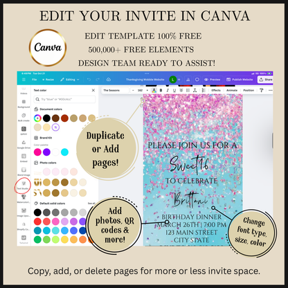 Editable pink and blue watercolor glitter sweet 16 birthday dinner video invitation displayed on a mobile phone, featuring an animated vertical digital invite with music, created in Canva. This premium video invitation template is designed for sharing by text, email, and social media and works with an interactive RSVP website for easy guest response tracking.