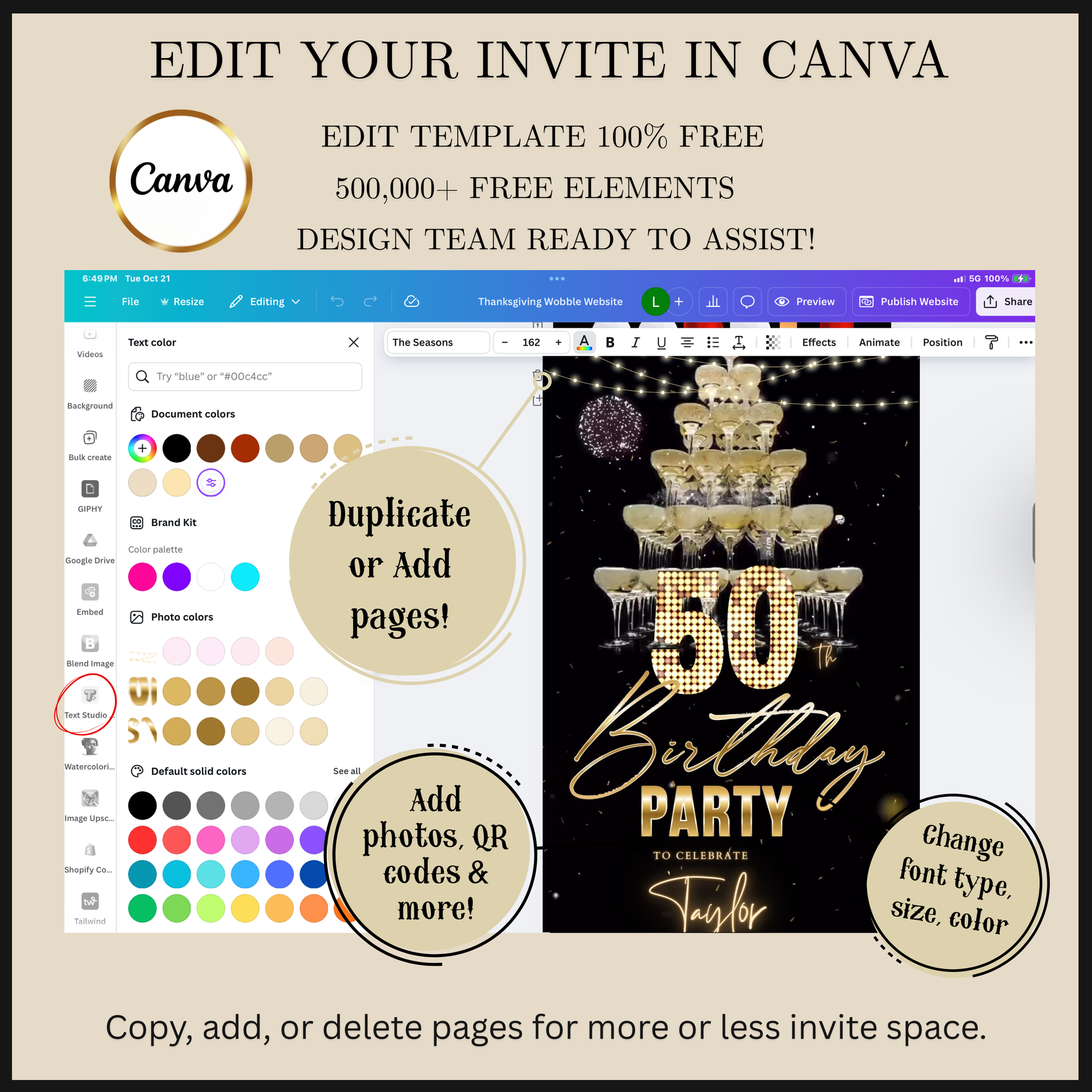 Editable champagne tower gold 50th birthday video invitation displayed on a mobile phone, featuring an animated vertical digital invite with music, created in Canva. This premium video invitation template is designed for sharing by text, email, and social media and works with an interactive RSVP website for easy guest response tracking.