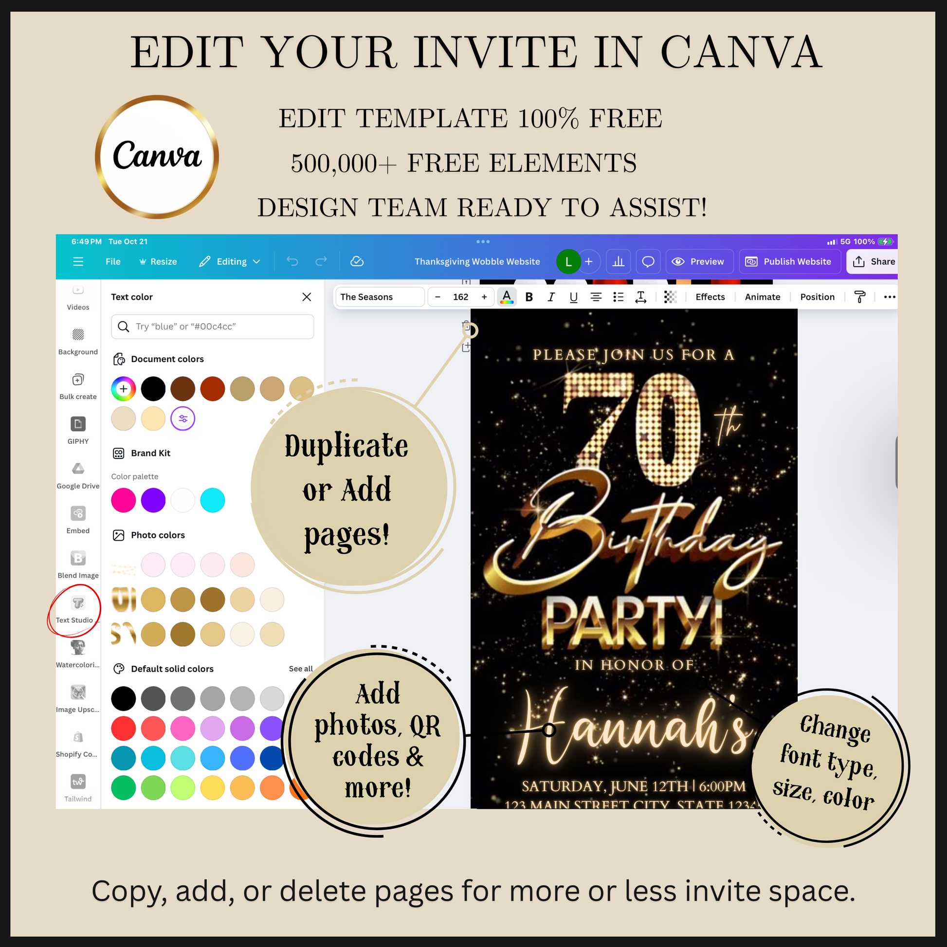 Editable gold fireworks 70th birthday video invitation displayed on a mobile phone, featuring an animated vertical digital invite with music, created in Canva. This premium video invitation template is designed for sharing by text, email, and social media and works with an interactive RSVP website for easy guest response tracking.