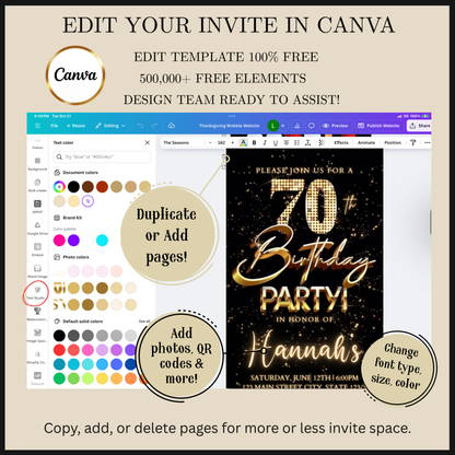 Editable gold fireworks 70th birthday video invitation displayed on a mobile phone, featuring an animated vertical digital invite with music, created in Canva. This premium video invitation template is designed for sharing by text, email, and social media and works with an interactive RSVP website for easy guest response tracking.