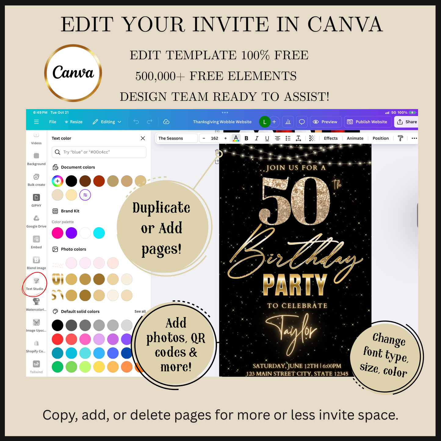 Editable gold glitter starry 50th birthday video invitation displayed on a mobile phone, featuring an animated vertical digital invite with music, created in Canva. This premium video invitation template is designed for sharing by text, email, and social media and works with an interactive RSVP website for easy guest response tracking.