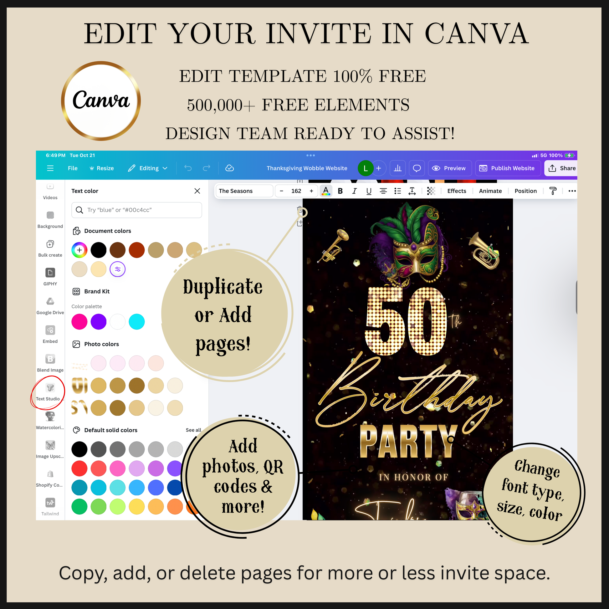 Editable mardi gras masquerade 50th birthday video invitation displayed on a mobile phone, featuring an animated vertical digital invite with music, created in Canva. This premium video invitation template is designed for sharing by text, email, and social media and works with an interactive RSVP website for easy guest response tracking.